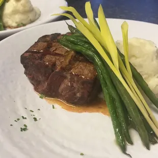 Filet mignon with French green beans and  blue cheese mashed potatoes