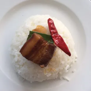 Parts of the pork belly dish on top of rice.