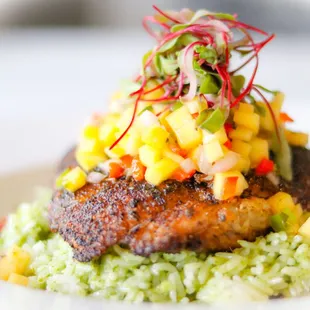 Adobo seared Red Snapper, Verde Rice, Mango Mojo