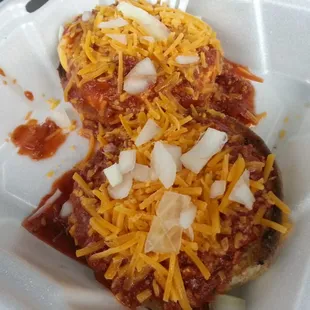 My new favorite item at Chow: the not-on-the-menu open-faced chiliburger! It ain't pretty, but it is delicious.