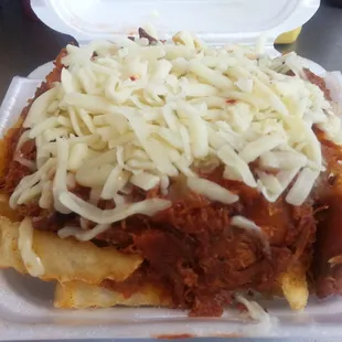 loaded fries - pulled chicken, bbq sauce, onions, and jalapeno cheese.  Thursdays only.