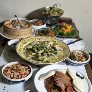 a variety of dishes on a table