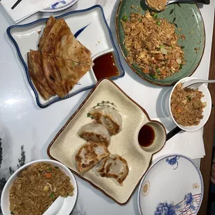 Scallion Pancakes, Panfried Pork Dumplings, Tea Smoked Duck Fried Rice