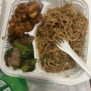 Broccoli and beef, orange chicken, and chow mein