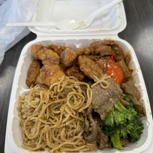 Three entree combo: Beef and Broccoli, Orange Chicken, Mongolian Beef