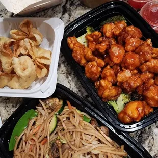 Crab rangoons, orange chicken, wonton soup, and &quot;chow mein&quot;