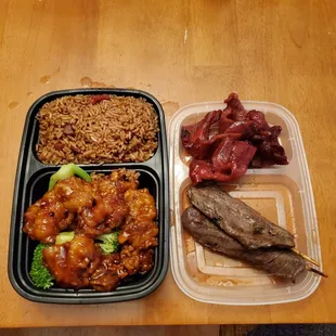 2 appetizer combo: with general gau chicken, pork fried rice, beef teriyaki and spare ribs