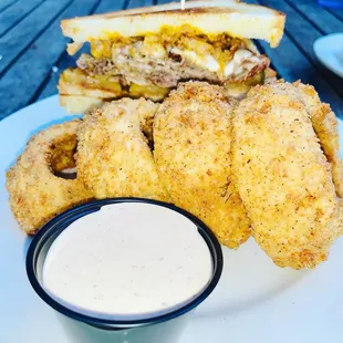 Brisket Sandwich and Onions Rings