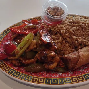 Kong pow chicken lunch special,  With fried rice and egg rolls