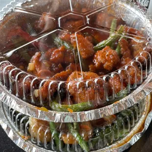 What was left over after we ate! Coffee Chicken and Green Beans and Shrimp.