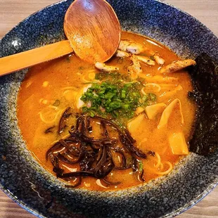 Tantan ramen with chicken. Nice presentation. Fast, friendly service.