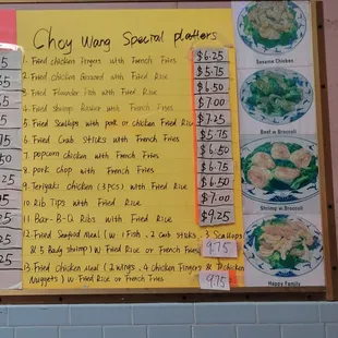 Menu board for Choy Wrong special platters