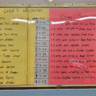 Menu board for Chef&apos;s Specialties and Wings Specials