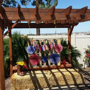 Outdoor waterfall decorated for a birthday party