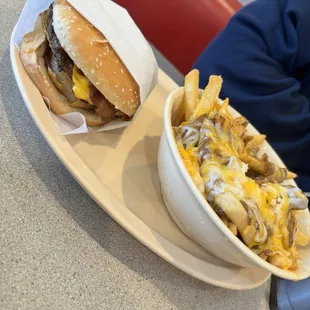 western bacon burger with chili cheese fries