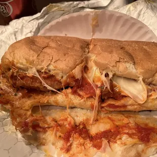Chicken Parm Oven Baked Sub - paper plate stuck to cheese