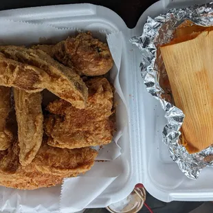 Fried chicken with chicken tamale