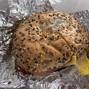 Egg, Bacon and Cheese Everything Bagel Sandwich