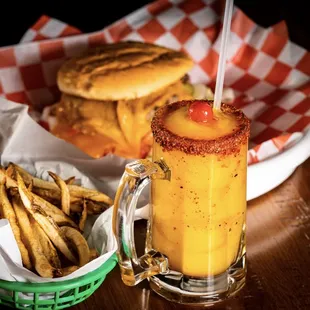 Tostada burger, fries, and a mango margarita!