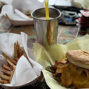 Salted caramel shake, fries, and Pork lovers macho cheeseburger.