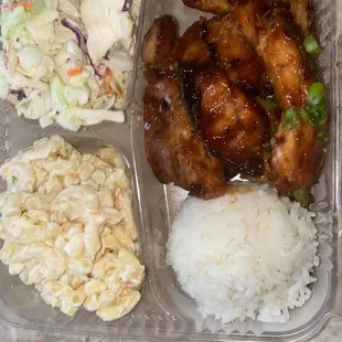 Hula hula Chicken with macaroni salad, coleslaw and  rice