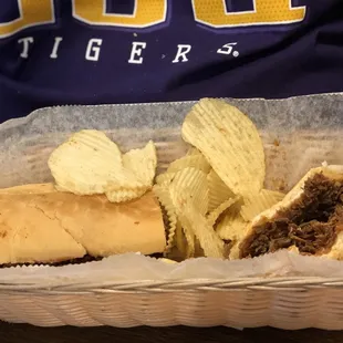 Roast beef po'boy, real, shredded beef.