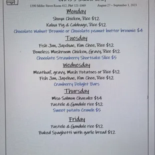 Menu for August 28 to September 1, 2023