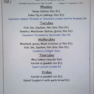 Menu for August 28 to September 1, 2023