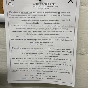 Menu for January 9 to January 13, 2023