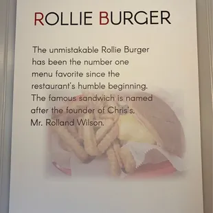 a menu for a rollie burger