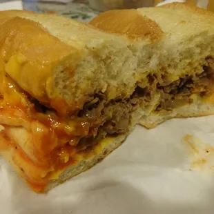 Cheese Steak with fried onions and whiz.