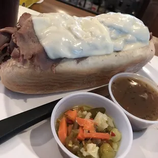 Thursday Lunch Special - Italian Beef with mozzarella, giardineira, and au jus.