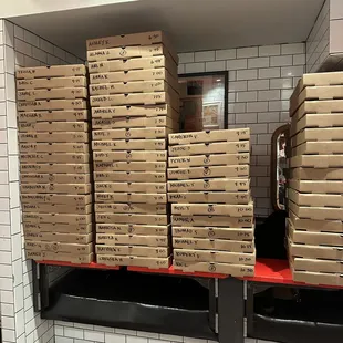 a stack of pizza boxes