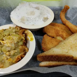 Broccoli casserole, fish, mashed