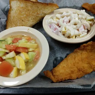 Tomatoes &amp; cucumber, fish, Mac salad