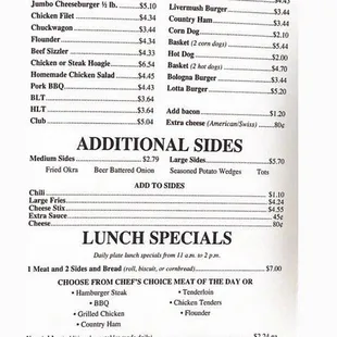 menu for lunch specials