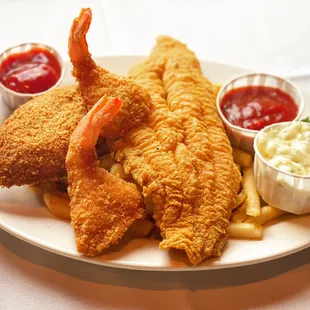 Fried Seafood Platter - American Catfish, Gulf Fried Famous Shrimp, Stuffed Crab