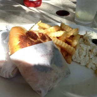 Pressed hot Cuban with fries and potato salad