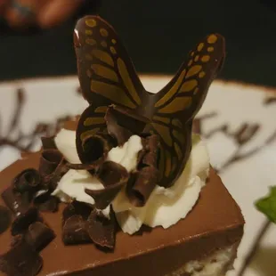 a piece of chocolate cake with a butterfly on top