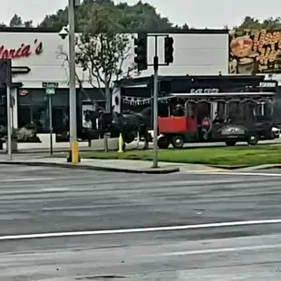 Clydesdale horses pulling trolleys