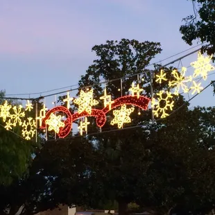 Lighted decor over busy Euclid Avenue traffic lanes in Downtown Ontario.