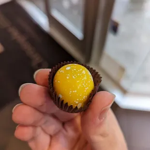 a hand holding a small chocolate covered in yellow and white sprinkles