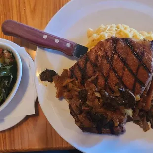Ribeye with collard greens and gouda Mac and cheese