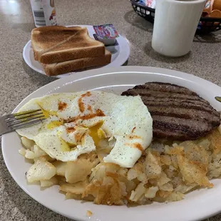Burger patty and eggs $9.00