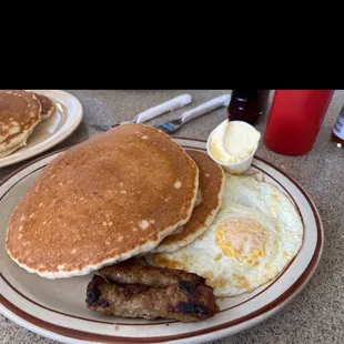 Pancakes, eggs and sausage