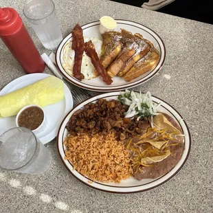french toast egg and bacon plate with pastor plate