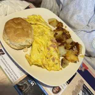 an omelet and biscuits