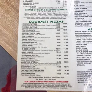 Menu gourmet pizzas