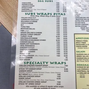 Menu:  wraps and subs