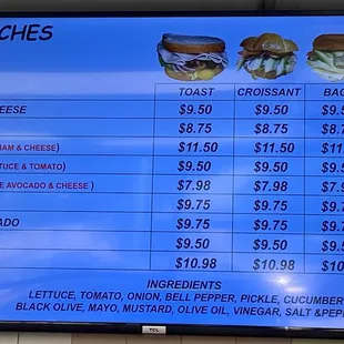 Sandwich menu